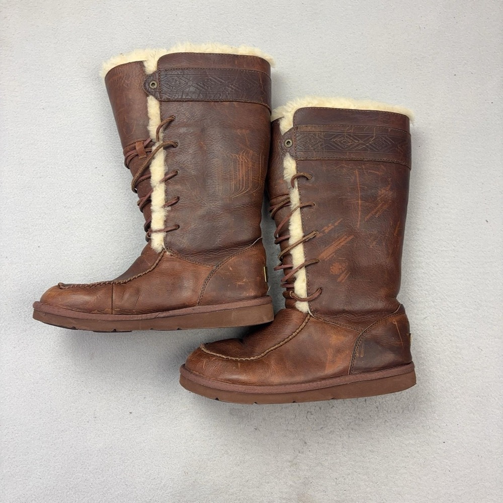 UGG Tularosa Boots Womens Sz 8 Brown Leather Shearling Lined Lace Up Winter 3328 - Picture 2 of 10